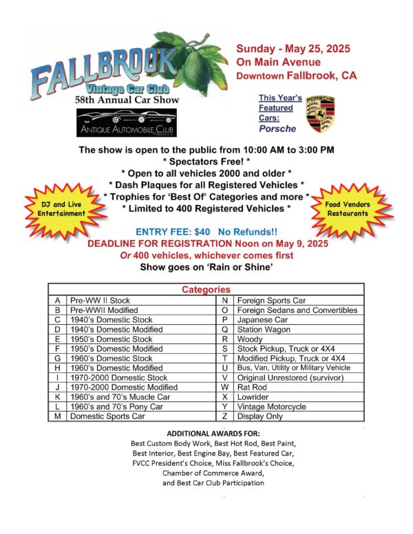 Fallbrook Vintage Car Show - Show Car Registration